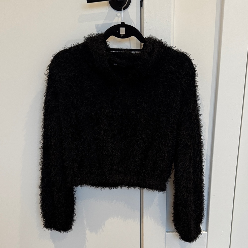 Black Fuzzy Crop Sweater Hoodie - Women